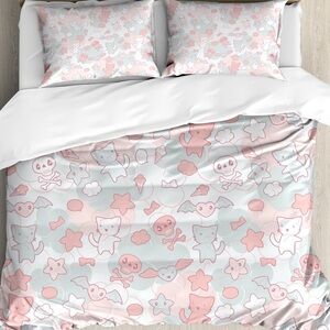 Kawaii Design Cats Bats Skulls Queen Size Duvet Cover & Pillow Shams